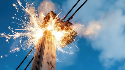 Stark image of a wooden power pole with bright white electrical sparks erupting from a cable, a clear symbol of danger and high voltage. Electrical emergency situation.