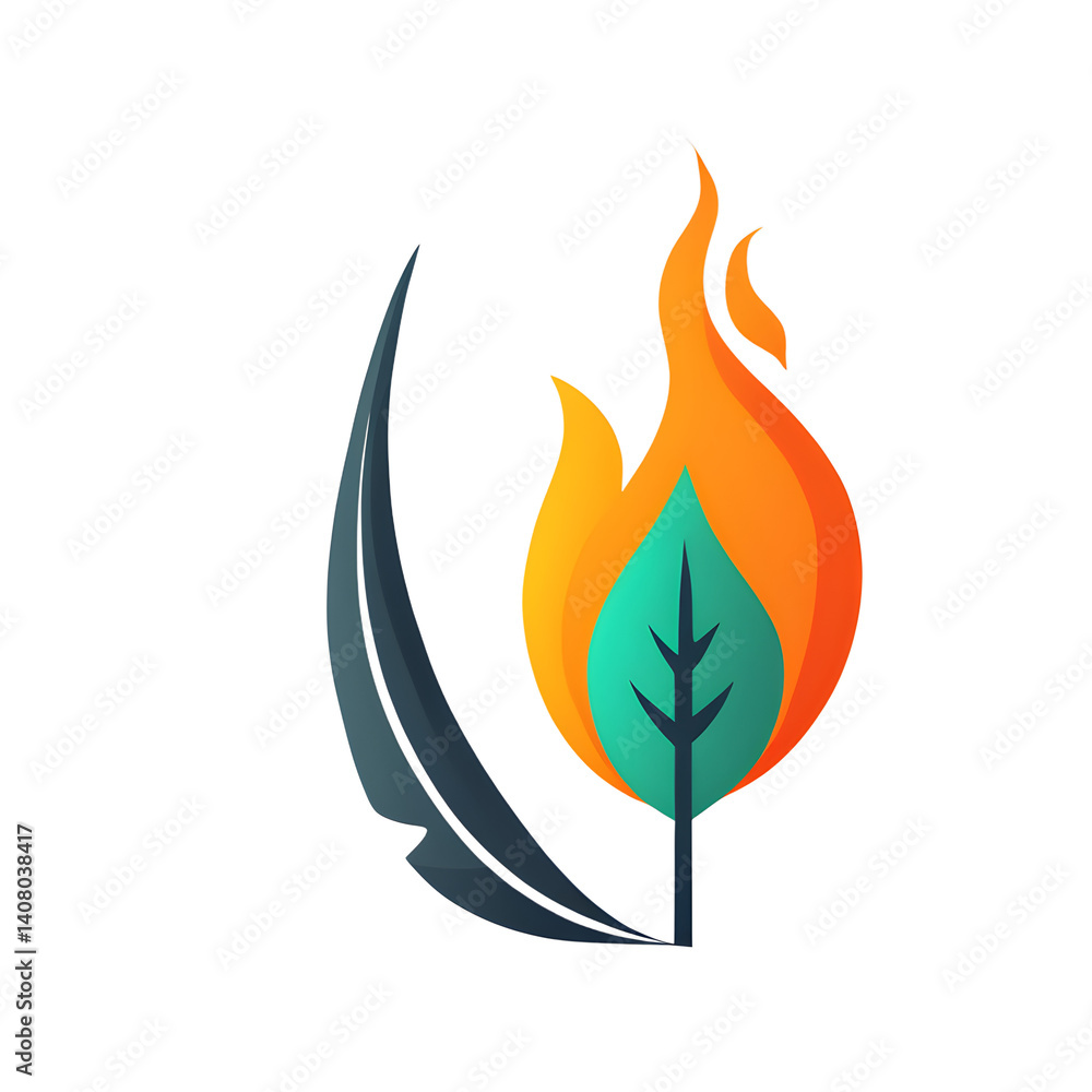 Poster modern design icon of a flame with a leaf symbolising sustainable energy, isolated on a empty plain 