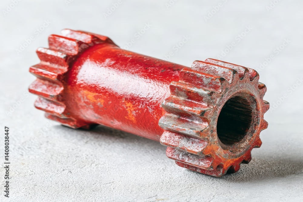 Poster old red gear component resting on a concrete surface with a worn-out finish showcasing its industria