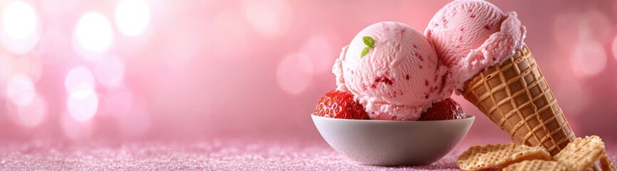Strawberry Ice Cream in Waffle Cone and Wafers with Pink Bokeh Background