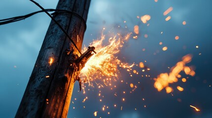Fototapeta premium Weathered wooden power pole with a damaged cable emitting intense electrical sparks, conveying a sense of danger and malfunction. Electrical safety warning.