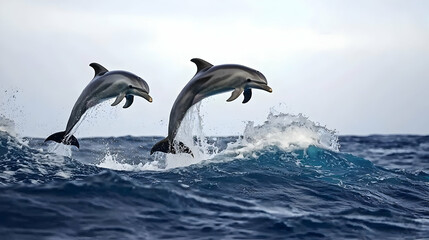 Two Playful Dolphins Leaping From Deep Blue Ocean Water with Splash and Waves on a Sunny Day