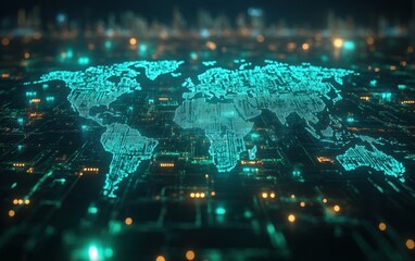 Futuristic Digital Radar Hologram Map Interface for Global Navigation and Communication