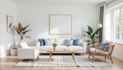 Fototapeta premium A modern living room featuring a cozy sofa, plants, and a large blank frame, bathed in natural light.