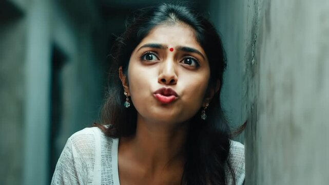 Young woman with pursed lips and red bindi leans against a concrete wall in a narrow passageway, looking playfully surprised