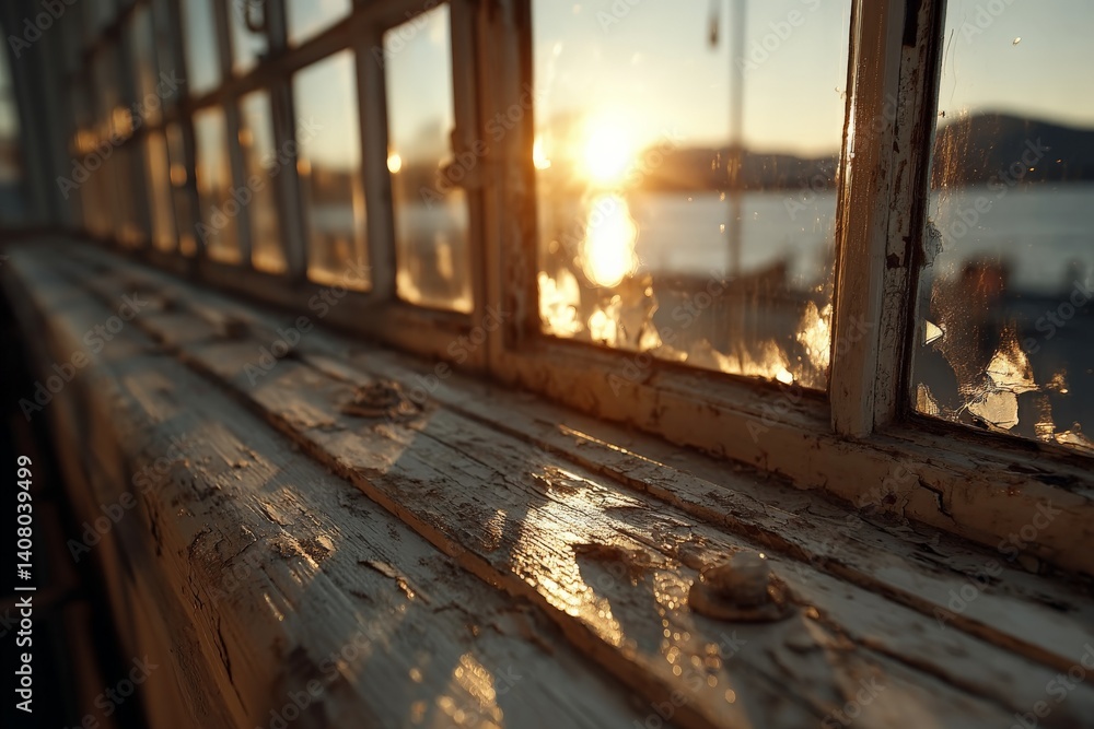 Poster sunset light filtering through dusty window panes at a lakeside location