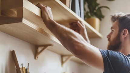 Obraz premium Carpenter assembling a wooden shelf in a home office. Featuring craftsmanship and focus