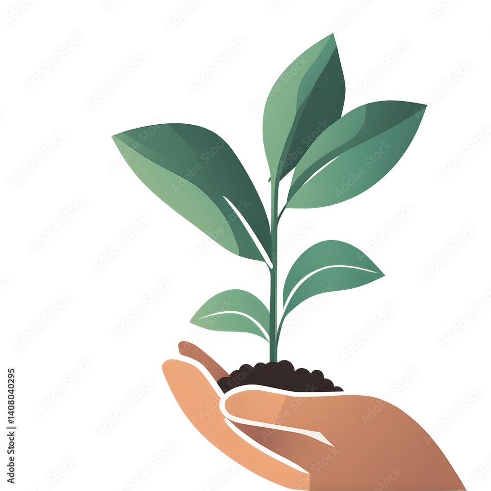 Poster modern design icon of a hand raising plant symbolising nurturing, isolated on a empty plain backgrou