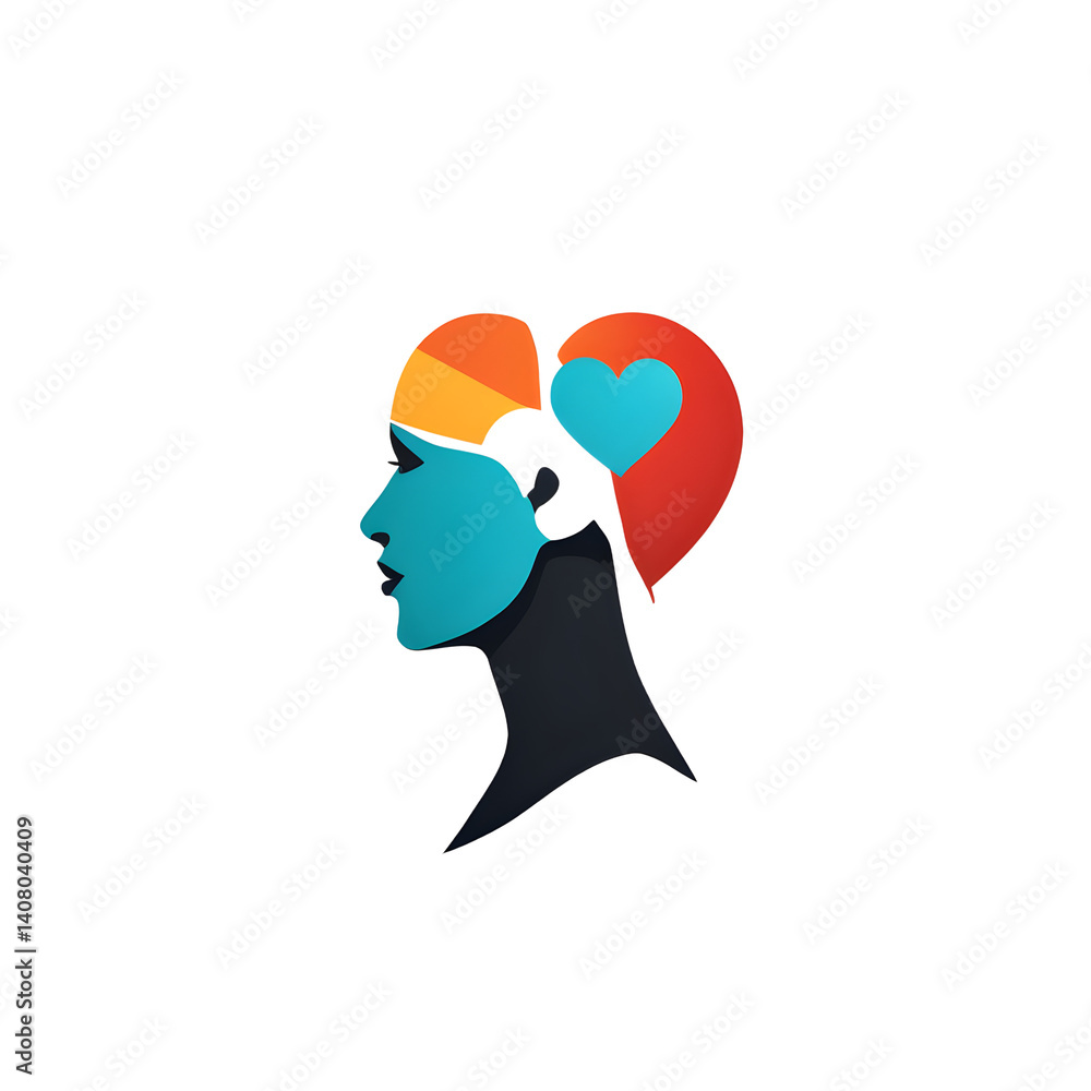 Poster modern design icon of a head silhouette with heart symbolising emotional health, isolated on a empty