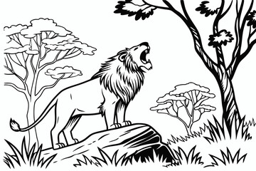 Fototapeta premium Coloring Page, A lion roaring in the middle of the wilderness, no color, black and white