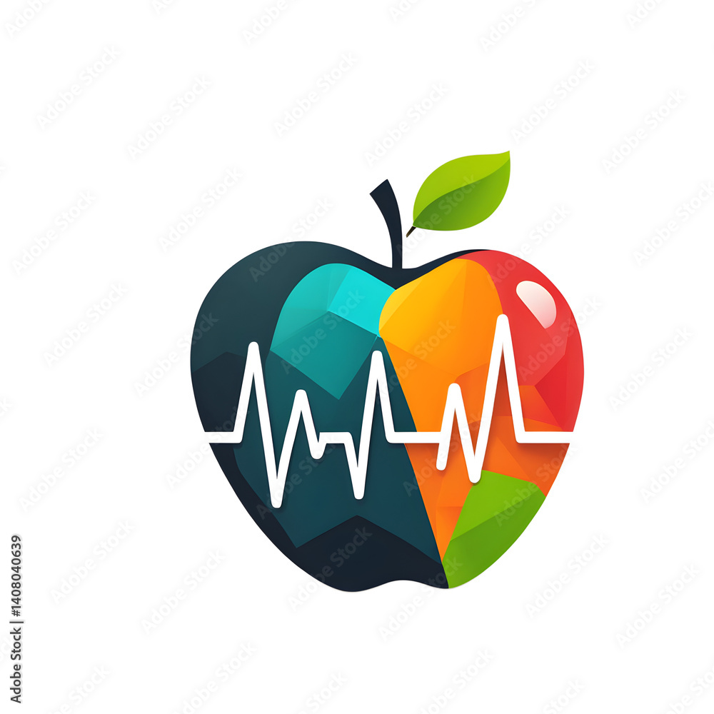 Poster modern design icon of a heartbeat and apple symbolising healthy living, isolated on a empty plain ba