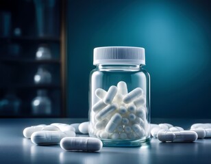 pill bottle with white vegetable capsule pills with white powder, medicine or supplement concept