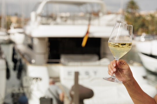 Pretty woman enjoying her glass of white wine in front of the city's harbor.