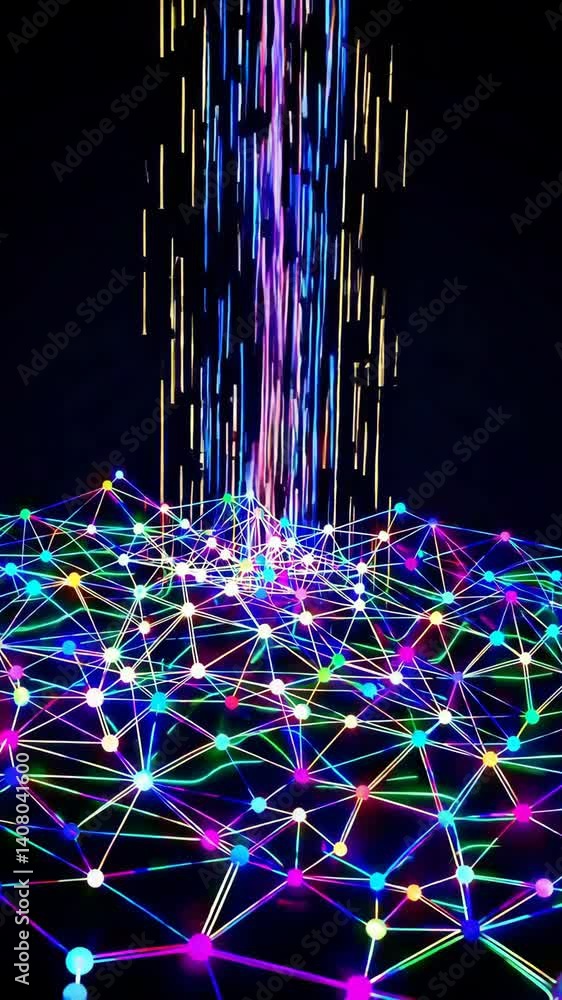 Poster dynamic neon particle cascade on geometric network surface in slowmotion