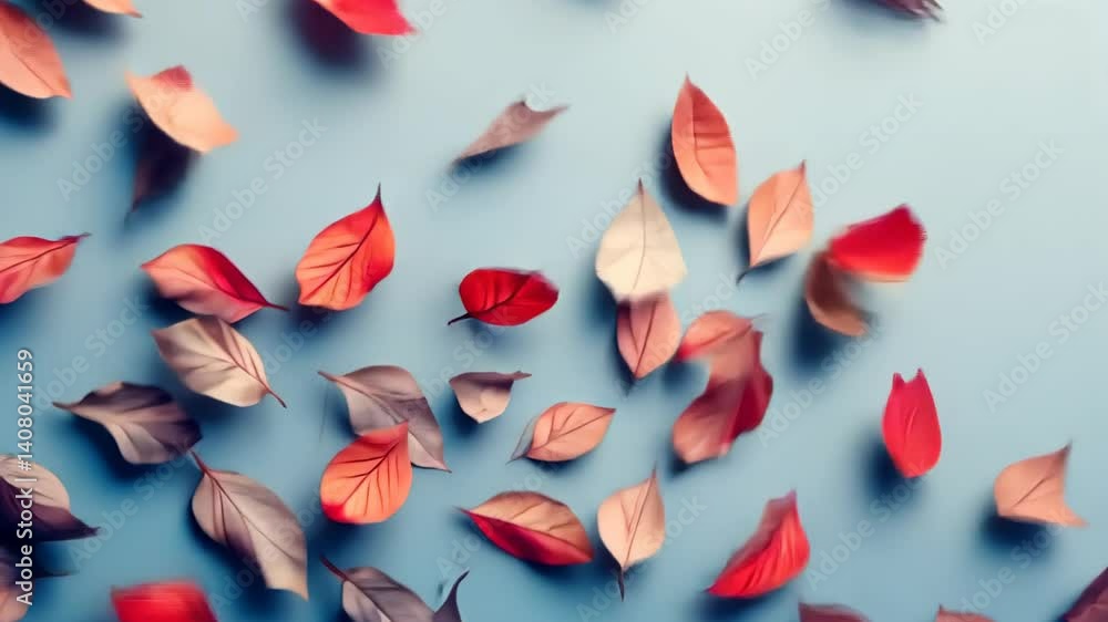 Poster colorful autumn leaves create a vibrant tapestry on a soft blue background in a nature-inspired comp