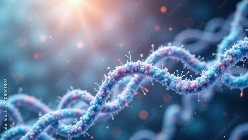 Poster a close-up view of glp-1, glucagon-like peptide-1 with a dynamic blue background and highlighted sci