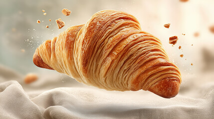 Golden flaky croissant floating mid-air with crumbs, highlighting its crisp layers and fresh texture