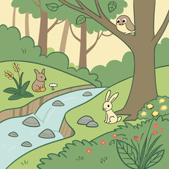 A whimsical forest scene with various small animal characters.  A stream flows through a lush, vibrant green forest.  Small, light brown rabbits are positioned near the stream, one holding an acorn. 