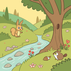 Obraz premium A whimsical forest scene with various small animal characters. A stream flows through a lush, vibrant green forest. Small, light brown rabbits are positioned near the stream, one holding an acorn. 