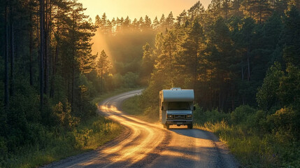 Sunset drive along a winding forest road with an RV in a serene natural setting