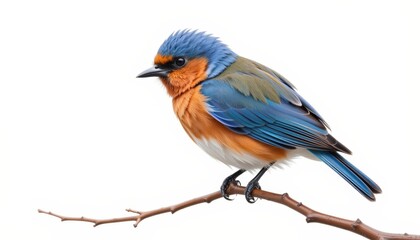 Fototapeta premium A colorful bird perched on a branch, showcasing vibrant blue and orange plumage against a plain background.