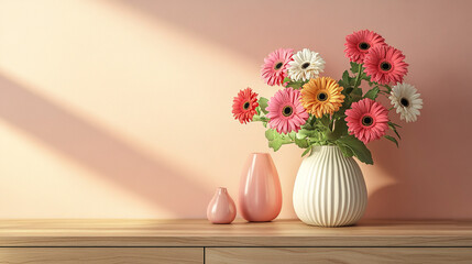 Colorful flowers in a modern vase on a wooden table against a pink wall with soft light in a stylish interior space