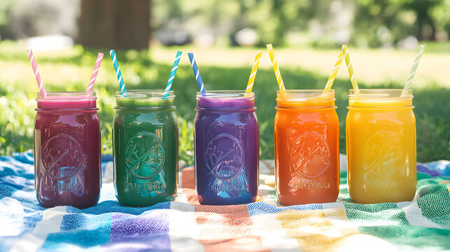 of rainbow smoothies in mason jars with straws, arranged on a picnic blanket, offering a healthy and colorful drink option for outdoor fun 
