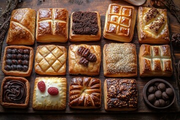 Flaky Puff Pastry Cream Horns Filled with Vanilla Cream on Rustic Table