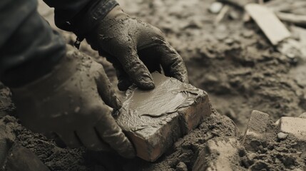Hispanic mason applying mortar to bricks for a wall. Featuring masonry work and construction expertise
