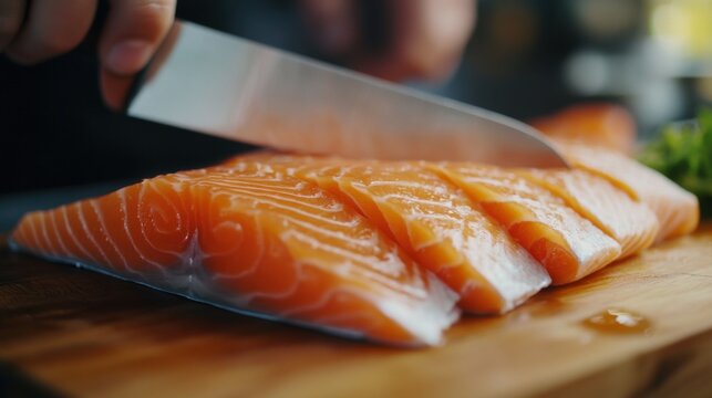 Chef slicing fresh salmon with a sharp knife on a wooden board. Featuring skill and precision