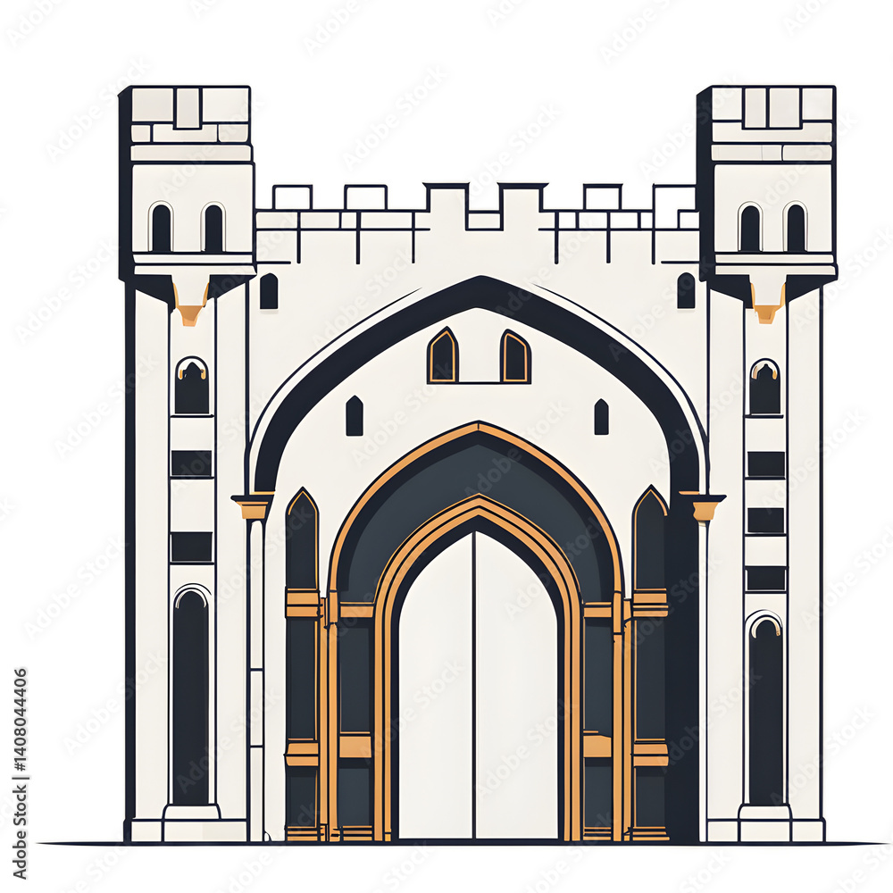 Poster Modern design icon of a medieval castle gate symbolising fortified architecture isolated on a empty plain background