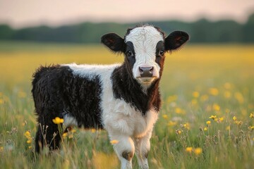 cute black and white calf in meadow during summer with soft natural lighting and blurred background