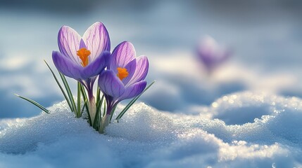 purple crocus flower blossom growing in melting snow early spring sunny day,stock photo