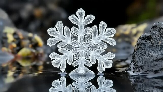 A single, pristine snowflake resting on water, reflecting its intricate beauty