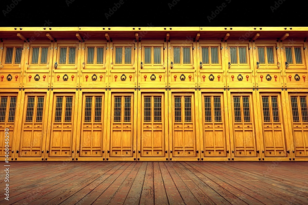 Poster wooden facade showcasing intricate craftsmanship, emphasizing harmony between structure and design i