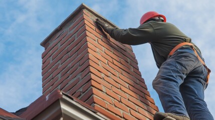 Hispanic mason building a brick chimney in a home. Featuring masonry and construction