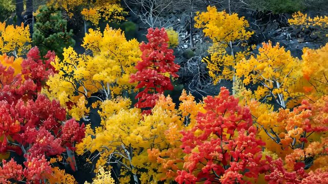 Leaves of trees changing colors with the change of seasons from summer to fall
