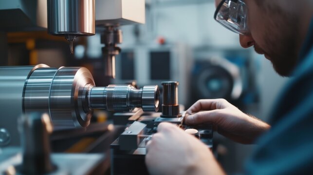 CNC machine operator adjusting digital controls on a lathe. Featuring precision and automation