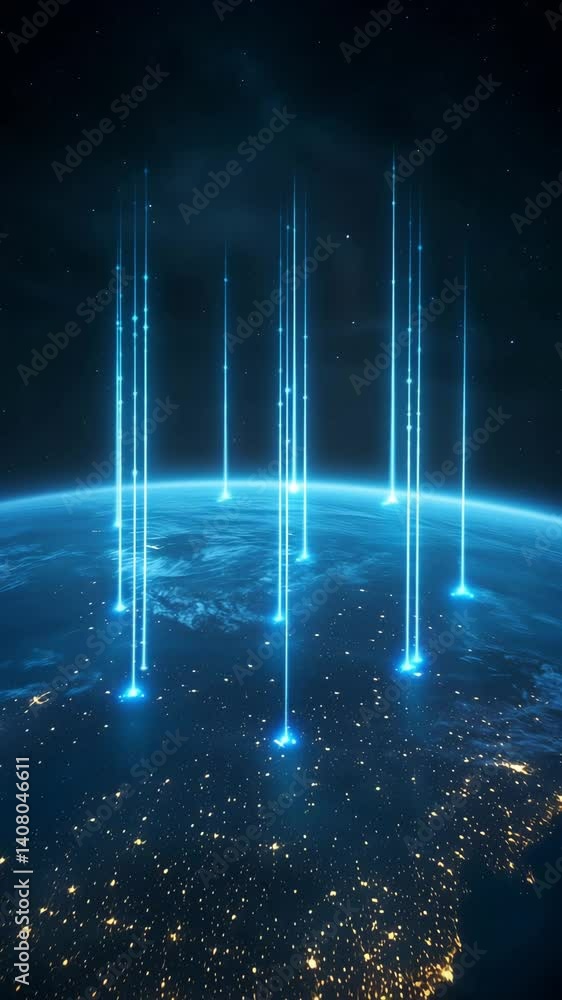 Poster data streams connect to earth from above, showcasing digital interactions and technology in a global