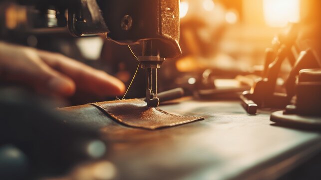 Cobbler carefully stitching a leather shoe in a traditional workshop. Featuring craftsmanship and detail