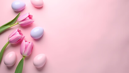 Fototapeta premium Spring composition with pink tulips and pastel Easter eggs on a delicate pink background.