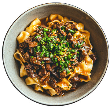 Delicious chinese beef la mian noodle bowl with scallions, a tasty lunch or dinner option for dining, isolated and cut out on a transparent background, Asian cuisine still life