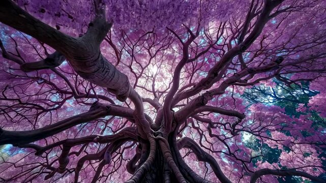 Looking up at bending branches of a purple jacaranda tree in blossom
