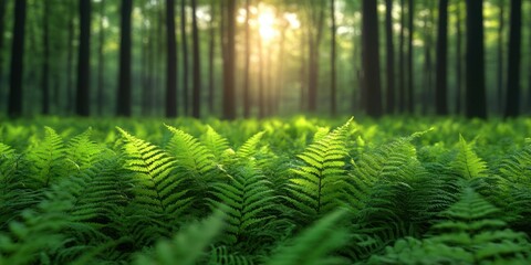 Lush green ferns basking in the golden sunlight of a tranquil forest during the early morning hours