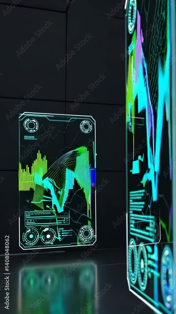 Aufkleber futuristic holographic panels display dynamic neon graphs in a hightech environment