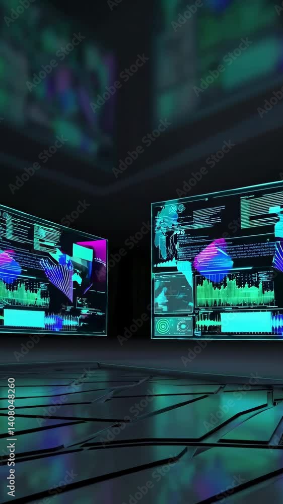 Poster futuristic digital data center with animated global maps on hightech displays