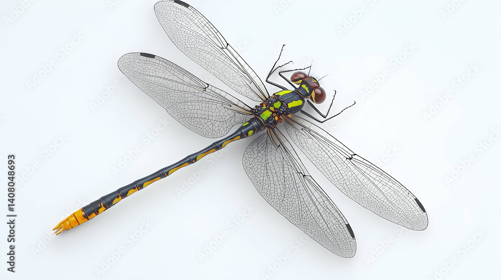 Poster a colorful dragonfly with intricate wing details displayed on a clean white background with pixelate
