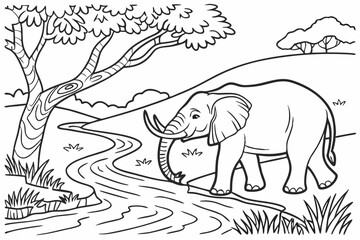 Fototapeta premium Coloring Page, An elephant drinking by the river, colorless, black and white