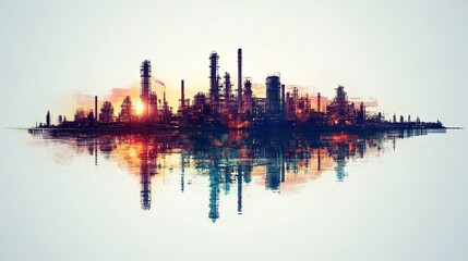 Fototapeta premium Future plant and energy industry concept in creative graphic design. Oil, gas and petrochemical plant with double exposure