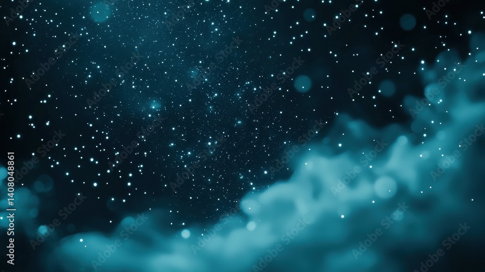 Poster deep abstract deep space background with distant glowing stars and cosmic dust clouds.